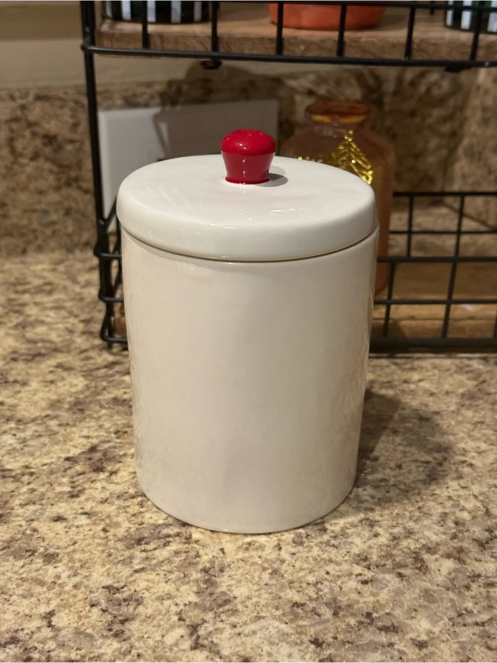 Rae Dunn THINGS Cream Ceramic Canister with Red Lettering and Red Knob